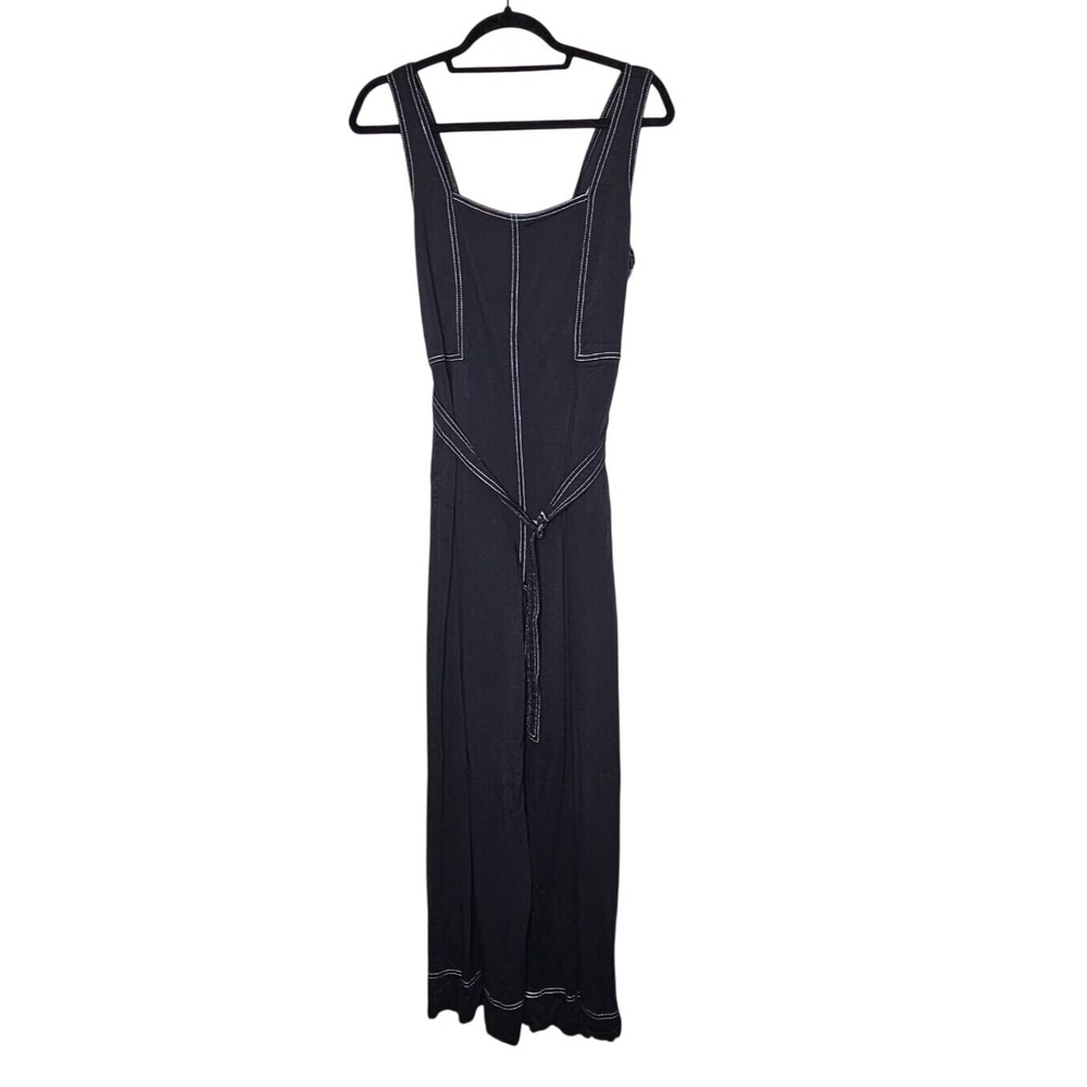 Peace Love World Black Belted Wide-Leg Overalls White Contrast Stitching Size 8